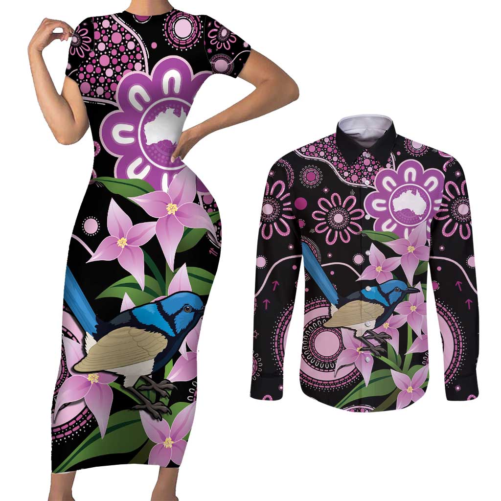 Personalised Australia Boronia And Malurus Cyaneus Couples Matching Short Sleeve Bodycon Dress and Long Sleeve Button Shirt Aboriginal Art