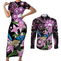 Personalised Australia Boronia And Malurus Cyaneus Couples Matching Short Sleeve Bodycon Dress and Long Sleeve Button Shirt Aboriginal Art
