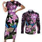 Personalised Australia Boronia And Malurus Cyaneus Couples Matching Short Sleeve Bodycon Dress and Long Sleeve Button Shirt Aboriginal Art