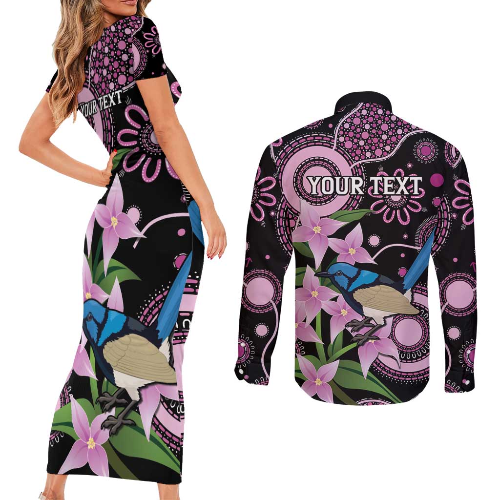Personalised Australia Boronia And Malurus Cyaneus Couples Matching Short Sleeve Bodycon Dress and Long Sleeve Button Shirt Aboriginal Art