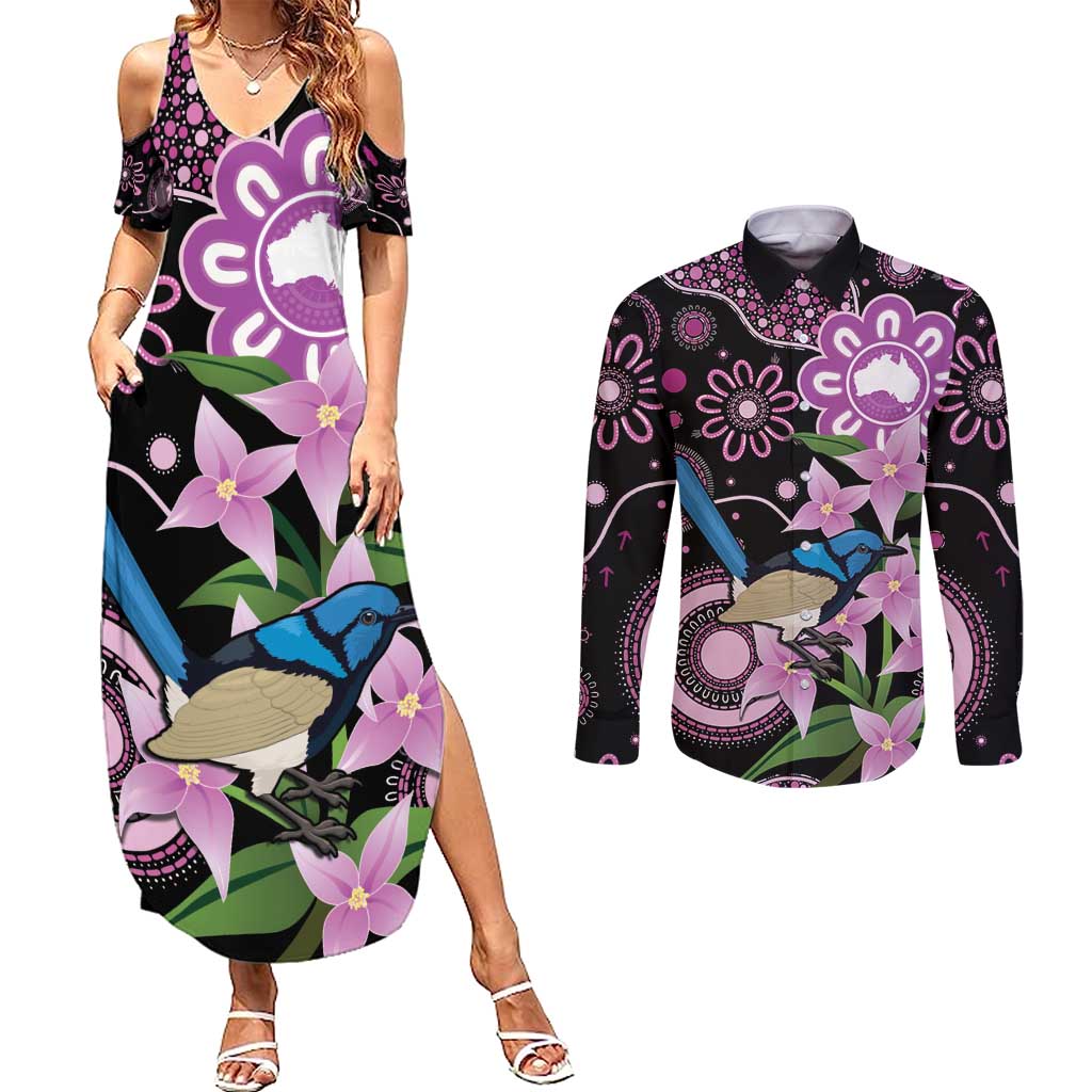 Personalised Australia Boronia And Malurus Cyaneus Couples Matching Summer Maxi Dress and Long Sleeve Button Shirt Aboriginal Art