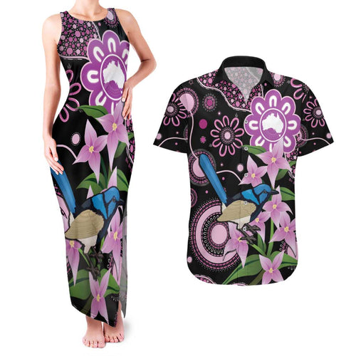 Personalised Australia Boronia And Malurus Cyaneus Couples Matching Tank Maxi Dress and Hawaiian Shirt Aboriginal Art