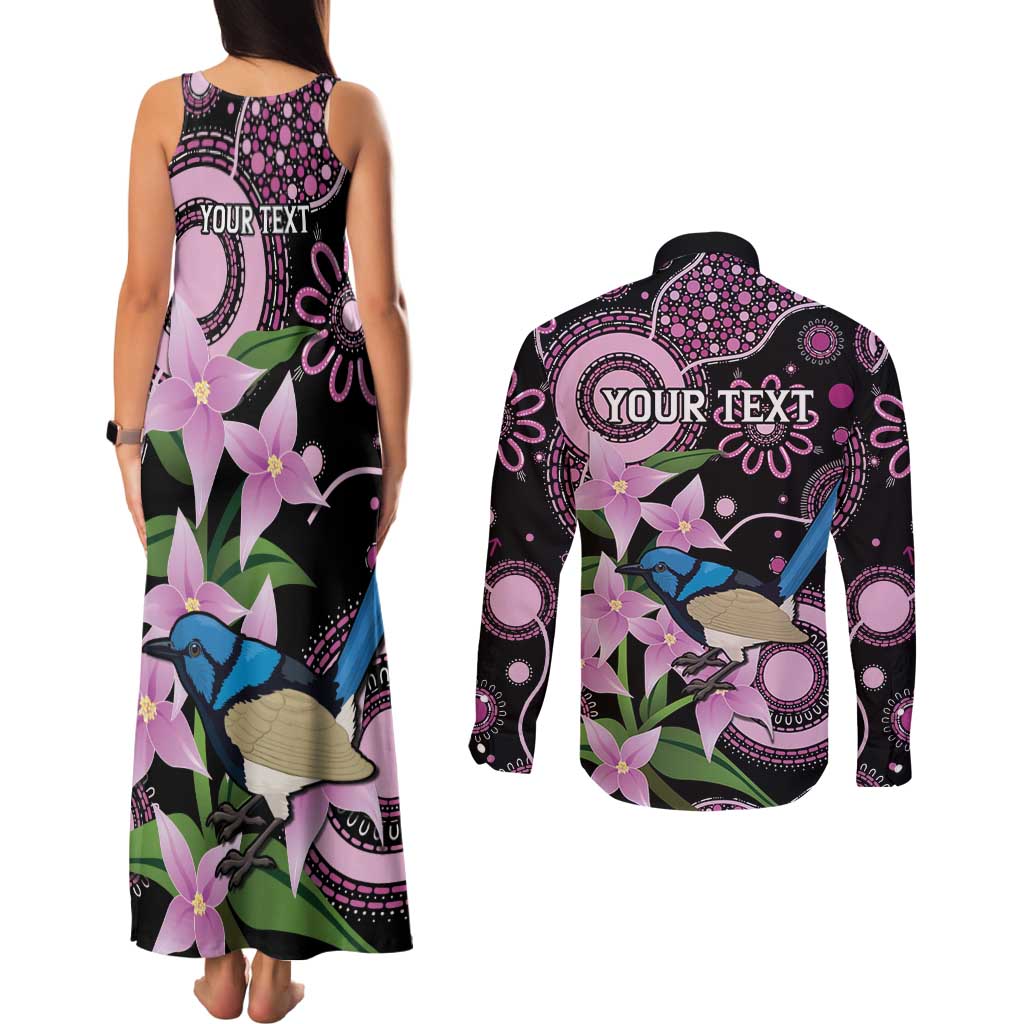 Personalised Australia Boronia And Malurus Cyaneus Couples Matching Tank Maxi Dress and Long Sleeve Button Shirt Aboriginal Art