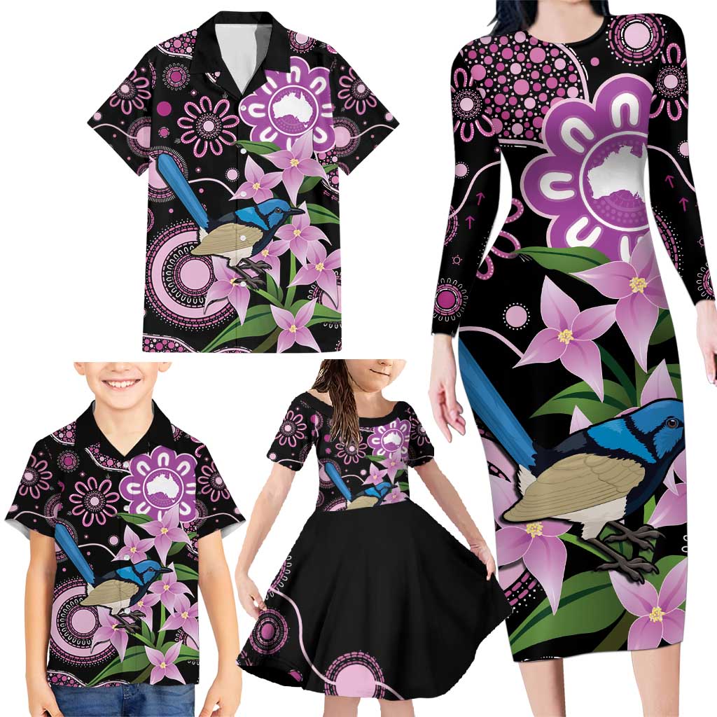 Personalised Australia Boronia And Malurus Cyaneus Family Matching Long Sleeve Bodycon Dress and Hawaiian Shirt Aboriginal Art