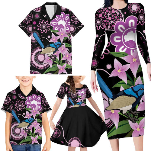 Personalised Australia Boronia And Malurus Cyaneus Family Matching Long Sleeve Bodycon Dress and Hawaiian Shirt Aboriginal Art