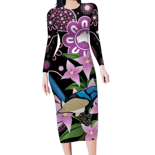 Personalised Australia Boronia And Malurus Cyaneus Family Matching Long Sleeve Bodycon Dress and Hawaiian Shirt Aboriginal Art