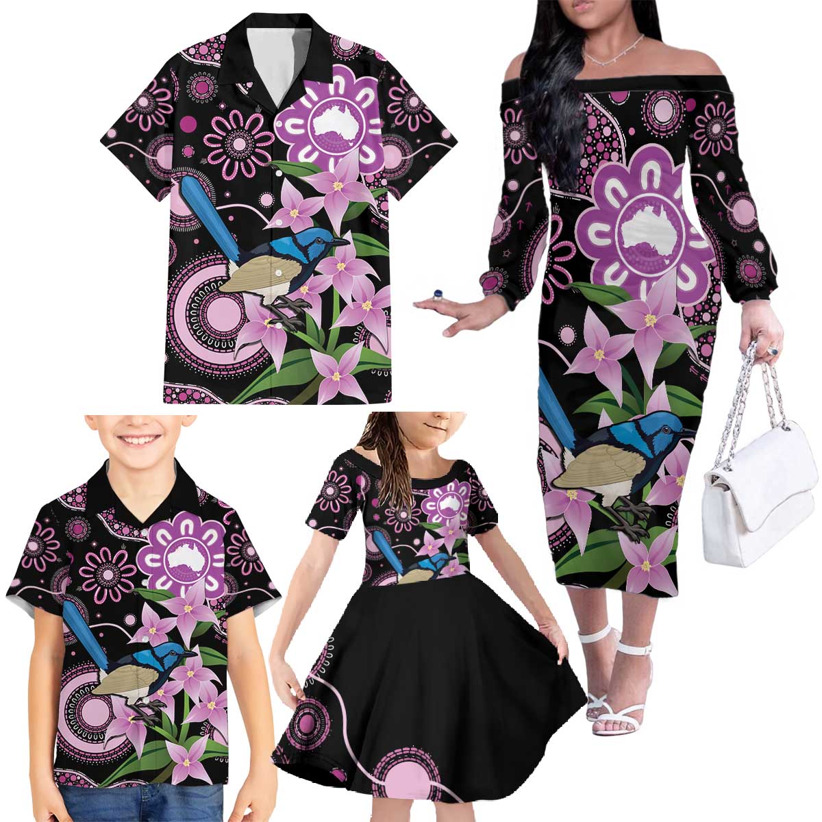 Personalised Australia Boronia And Malurus Cyaneus Family Matching Off The Shoulder Long Sleeve Dress and Hawaiian Shirt Aboriginal Art