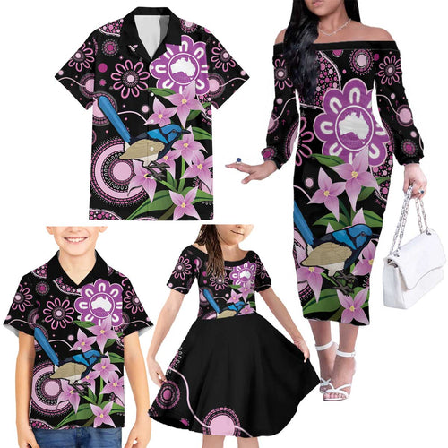 Personalised Australia Boronia And Malurus Cyaneus Family Matching Off The Shoulder Long Sleeve Dress and Hawaiian Shirt Aboriginal Art