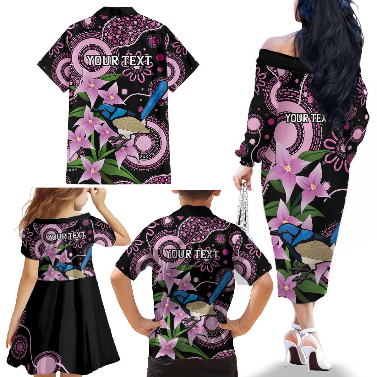 Personalised Australia Boronia And Malurus Cyaneus Family Matching Off The Shoulder Long Sleeve Dress and Hawaiian Shirt Aboriginal Art