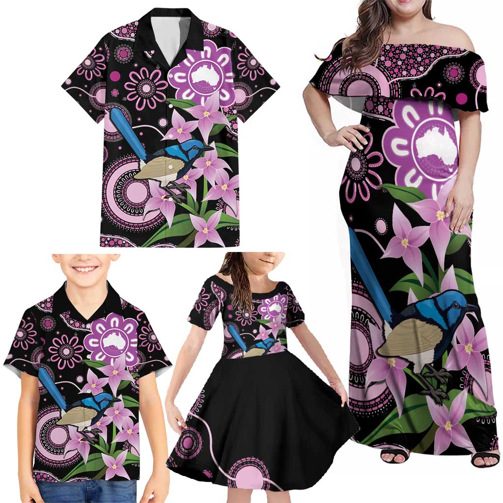 Personalised Australia Boronia And Malurus Cyaneus Family Matching Off Shoulder Maxi Dress and Hawaiian Shirt Aboriginal Art