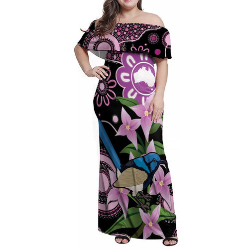 Personalised Australia Boronia And Malurus Cyaneus Family Matching Off Shoulder Maxi Dress and Hawaiian Shirt Aboriginal Art