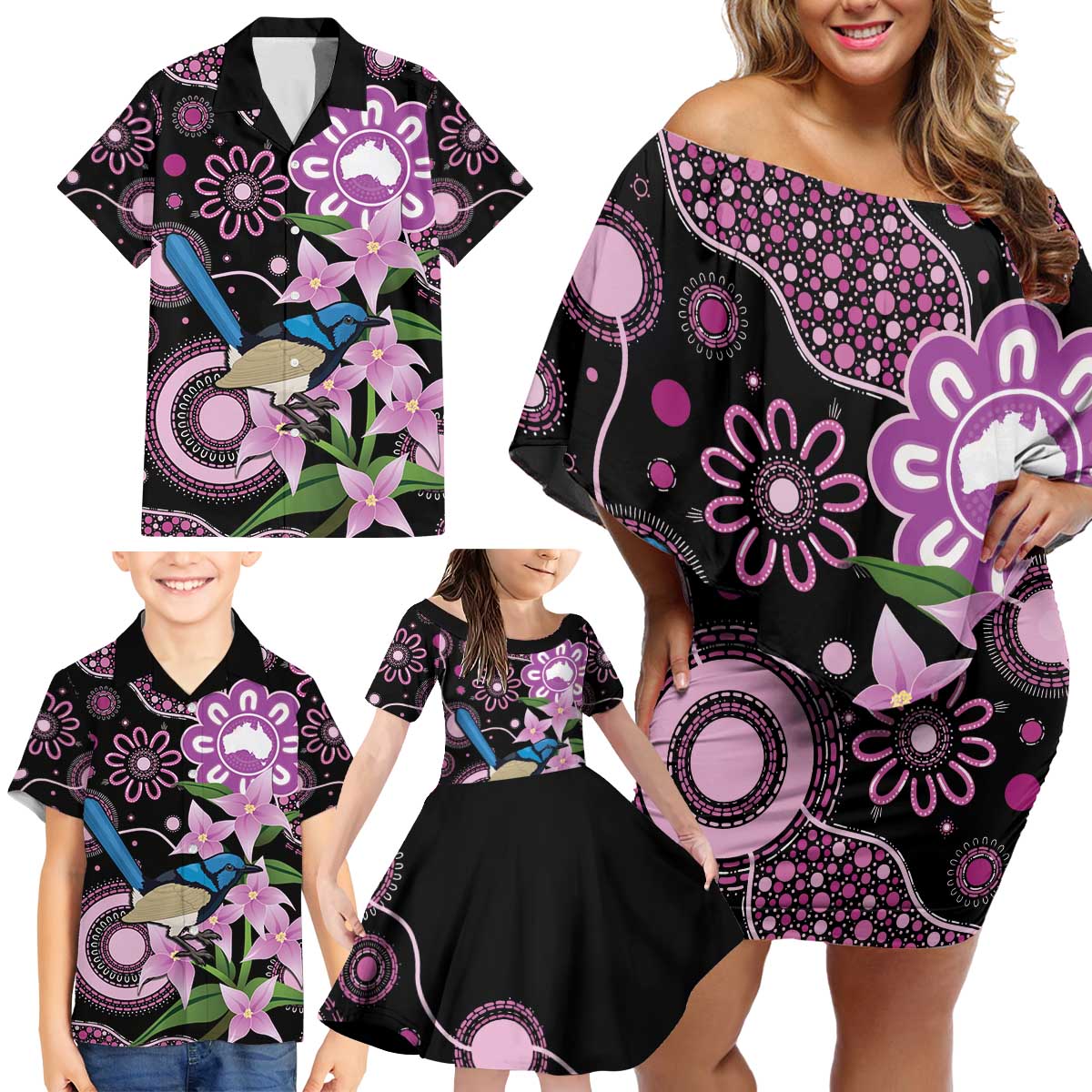 Personalised Australia Boronia And Malurus Cyaneus Family Matching Off Shoulder Short Dress and Hawaiian Shirt Aboriginal Art