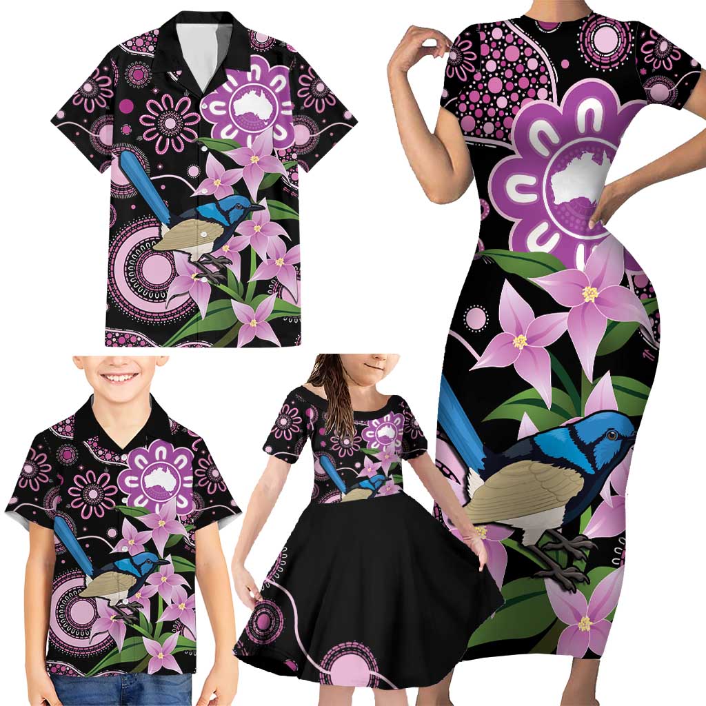 Personalised Australia Boronia And Malurus Cyaneus Family Matching Short Sleeve Bodycon Dress and Hawaiian Shirt Aboriginal Art