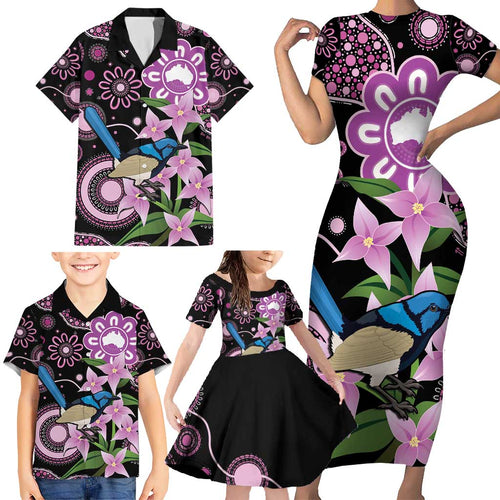 Personalised Australia Boronia And Malurus Cyaneus Family Matching Short Sleeve Bodycon Dress and Hawaiian Shirt Aboriginal Art