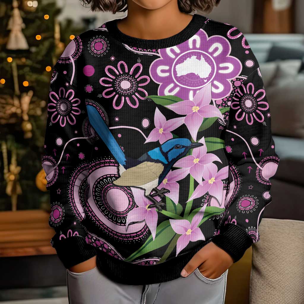 Personalised Australia Boronia And Malurus Cyaneus Kid Ugly Christmas Sweater Aboriginal Art - Aussie Hoodie