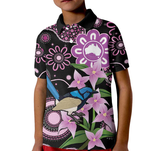 Personalised Australia Boronia And Malurus Cyaneus Kid Polo Shirt Aboriginal Art