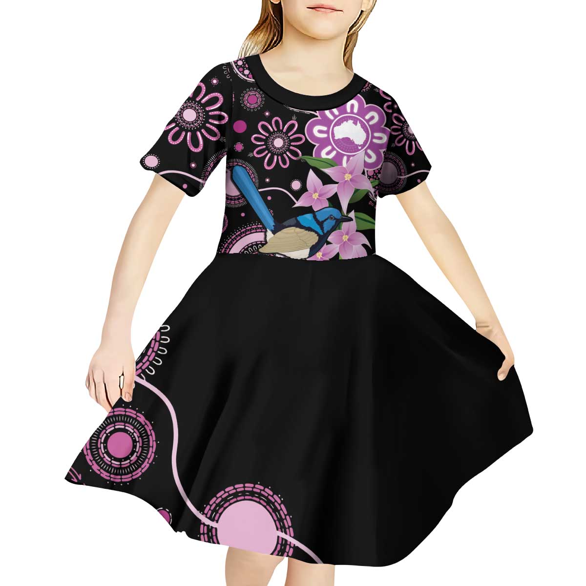 Personalised Australia Boronia And Malurus Cyaneus Kid Short Sleeve Dress Aboriginal Art