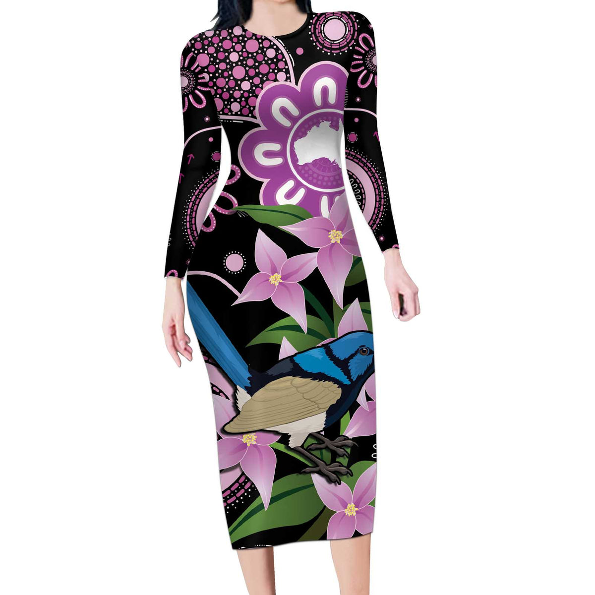 Personalised Australia Boronia And Malurus Cyaneus Long Sleeve Bodycon Dress Aboriginal Art