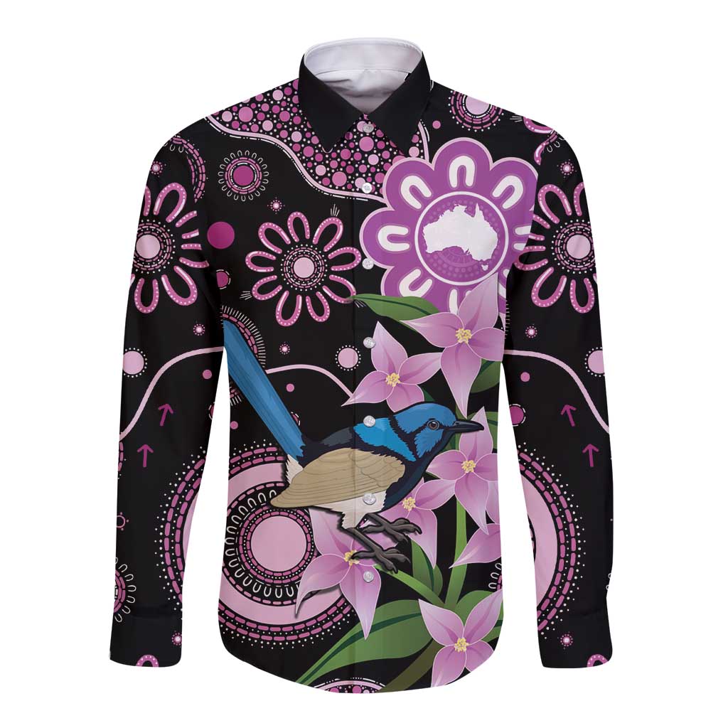 Personalised Australia Boronia And Malurus Cyaneus Long Sleeve Button Shirt Aboriginal Art