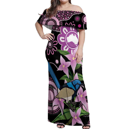 Personalised Australia Boronia And Malurus Cyaneus Off Shoulder Maxi Dress Aboriginal Art