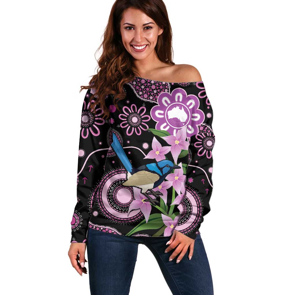Personalised Australia Boronia And Malurus Cyaneus Off Shoulder Sweater Aboriginal Art