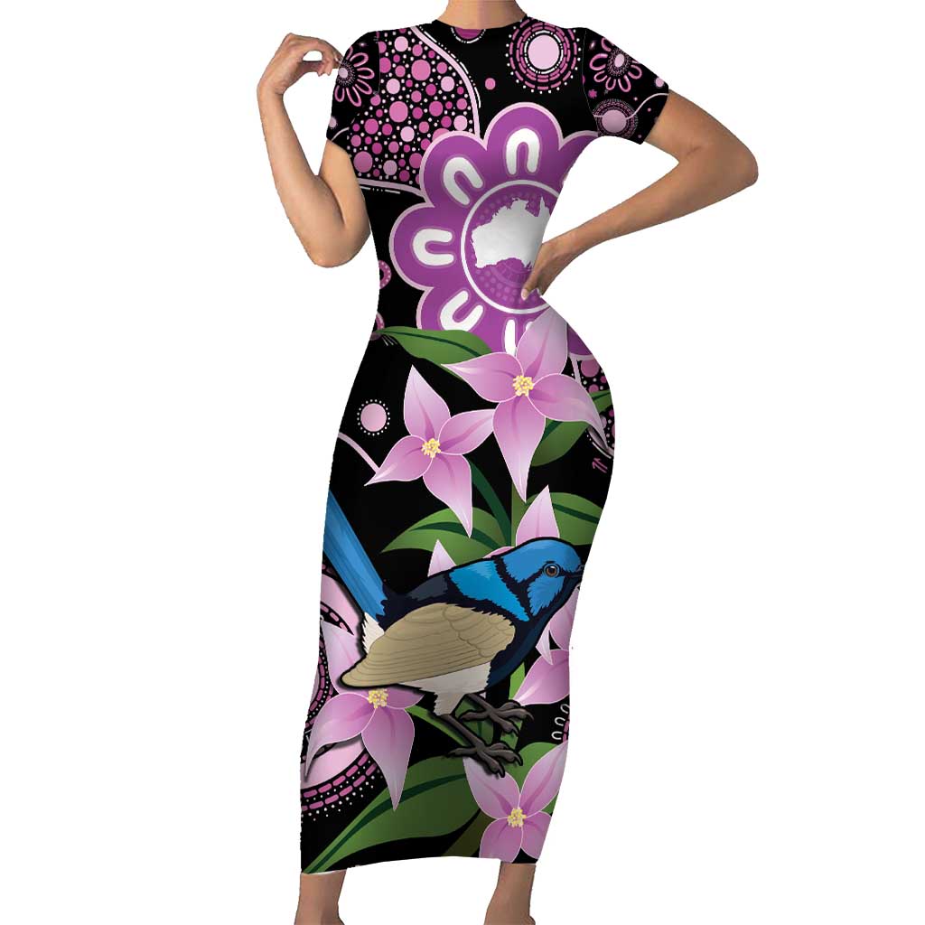 Personalised Australia Boronia And Malurus Cyaneus Short Sleeve Bodycon Dress Aboriginal Art