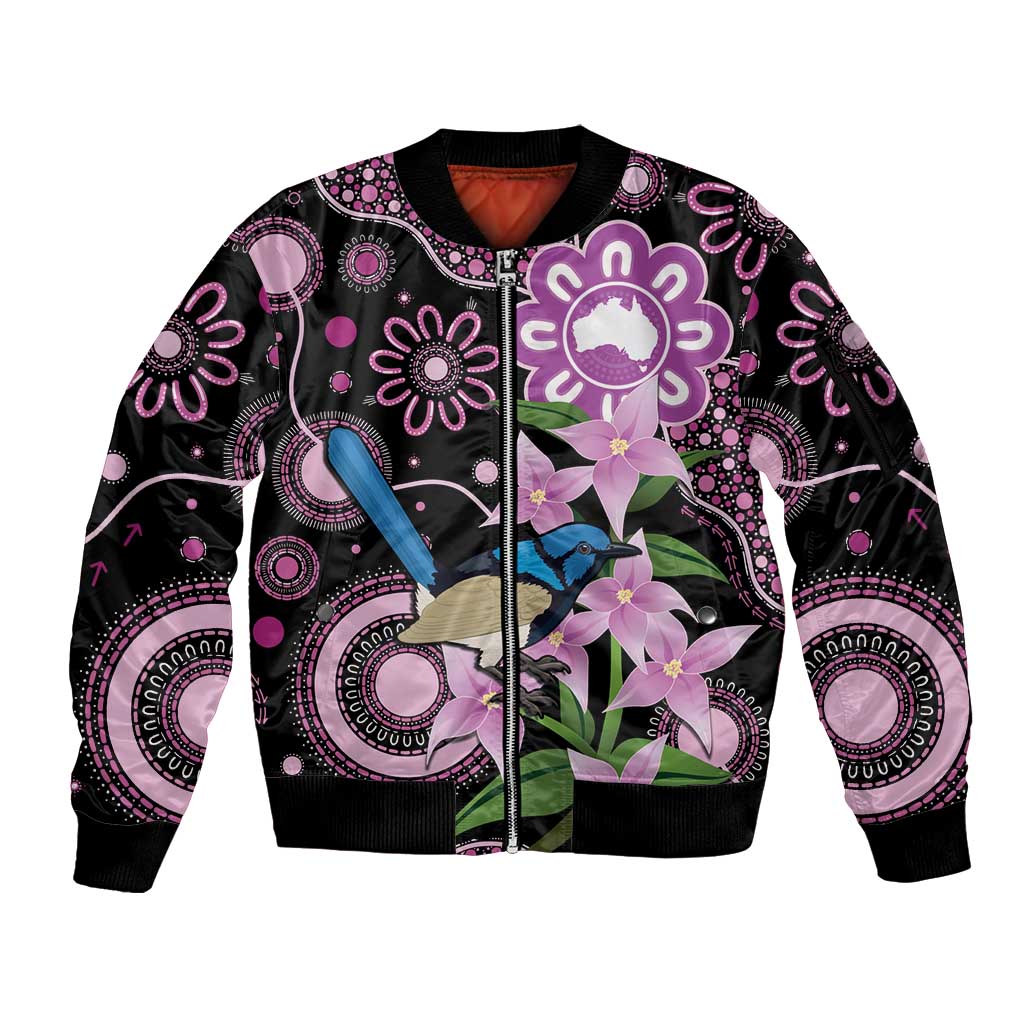 Personalised Australia Boronia And Malurus Cyaneus Sleeve Zip Bomber Jacket Aboriginal Art