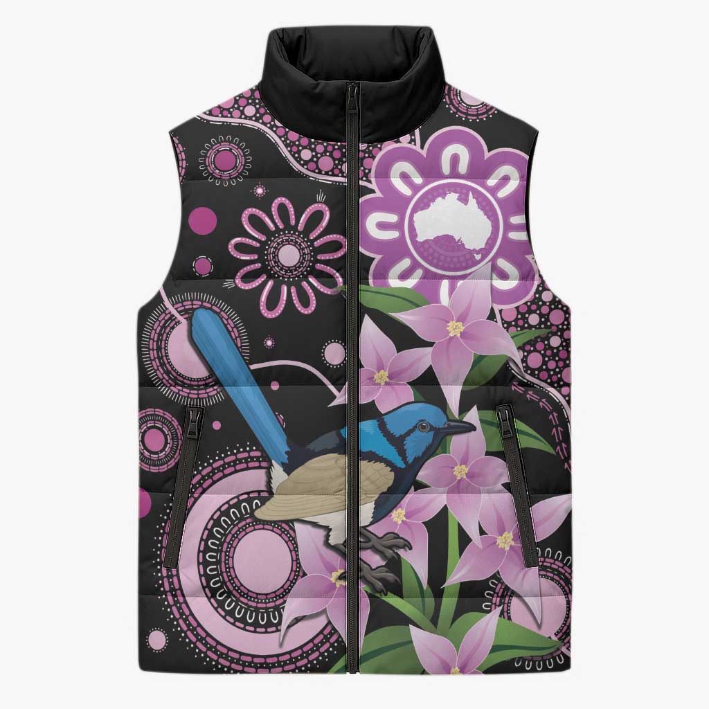 Personalised Australia Boronia And Malurus Cyaneus Sleeveless Puffer Jacket Aboriginal Art - Aussie Hoodie