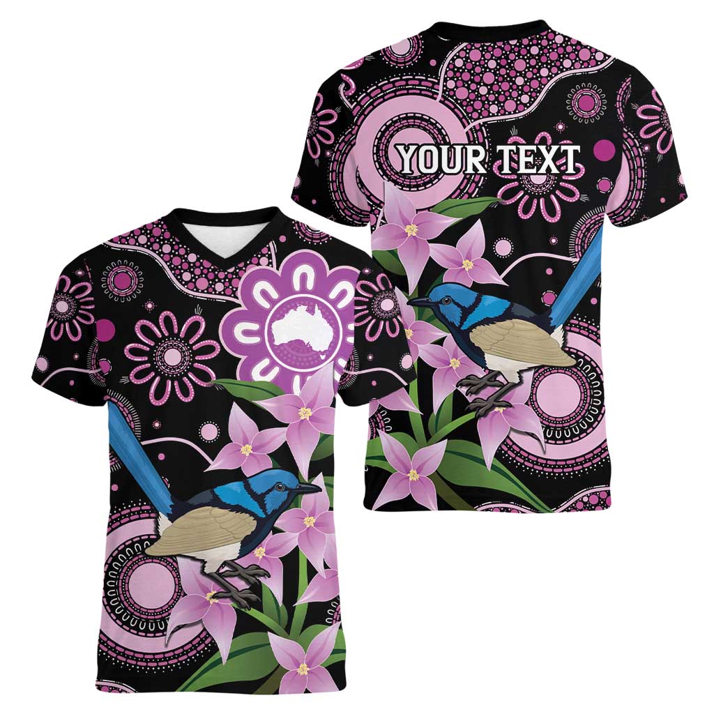 Personalised Australia Boronia And Malurus Cyaneus Women V-Neck T-Shirt Aboriginal Art