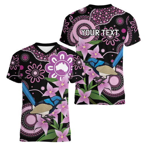Personalised Australia Boronia And Malurus Cyaneus Women V-Neck T-Shirt Aboriginal Art