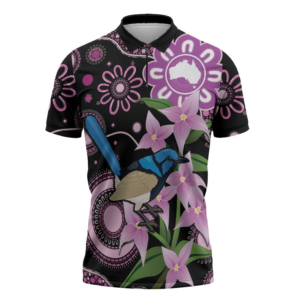 Personalised Australia Boronia And Malurus Cyaneus Zipper Polo Shirt Aboriginal Art - Aussie Hoodie