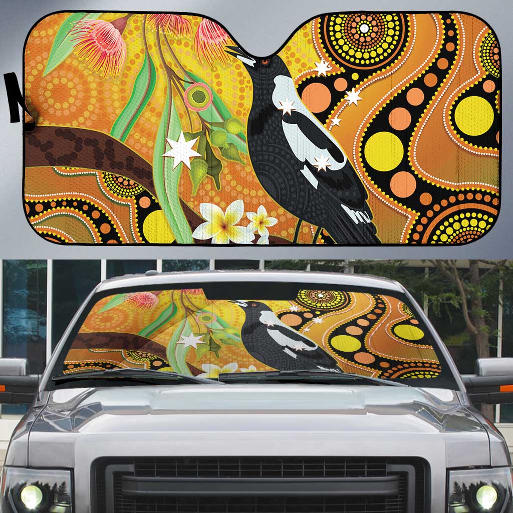 Australia Eucalyptus Flower And Magpie Auto Sun Shade Aboriginal Art - Aussie Hoodie