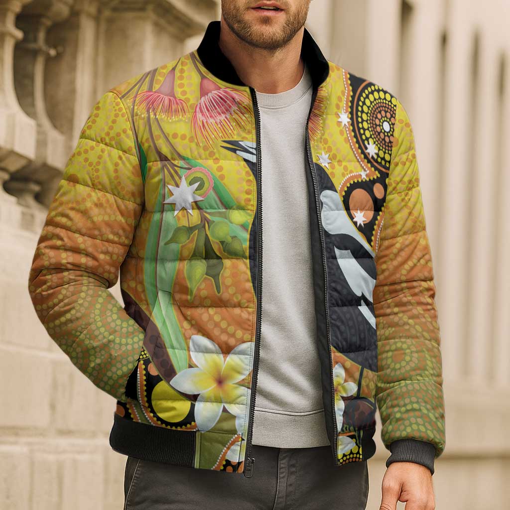 Australia Eucalyptus Flower And Magpie Bomber Puffer Jacket Aboriginal Art - Aussie Hoodie
