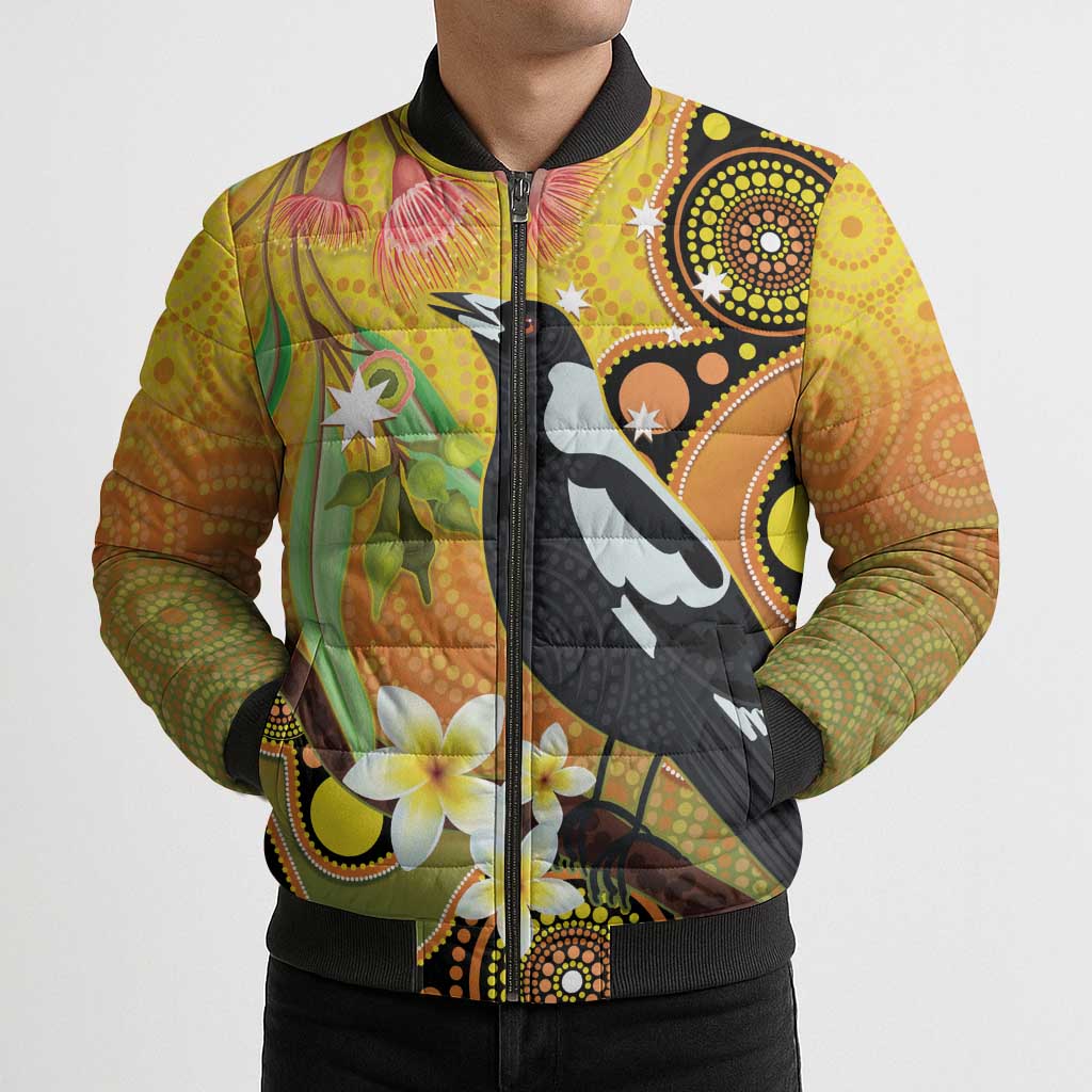 Australia Eucalyptus Flower And Magpie Bomber Puffer Jacket Aboriginal Art - Aussie Hoodie
