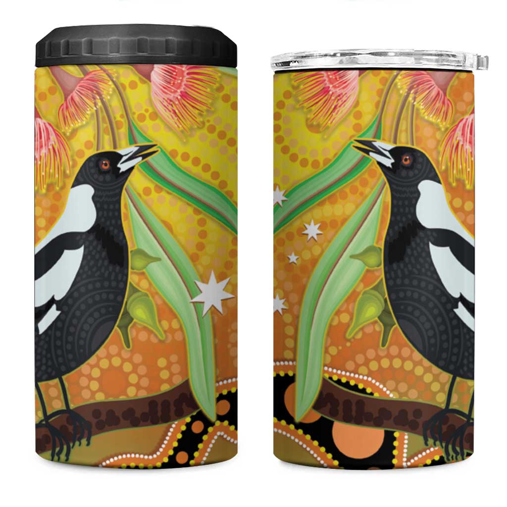 Australia Eucalyptus Flower And Magpie 4 in 1 Can Cooler Tumbler Aboriginal Art