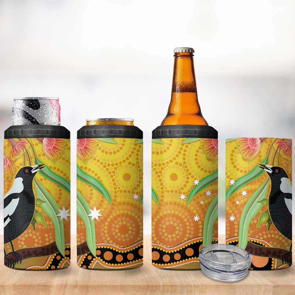 Australia Eucalyptus Flower And Magpie 4 in 1 Can Cooler Tumbler Aboriginal Art
