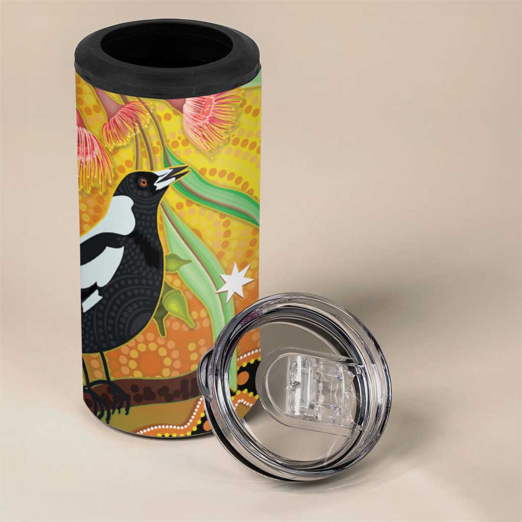 Australia Eucalyptus Flower And Magpie 4 in 1 Can Cooler Tumbler Aboriginal Art