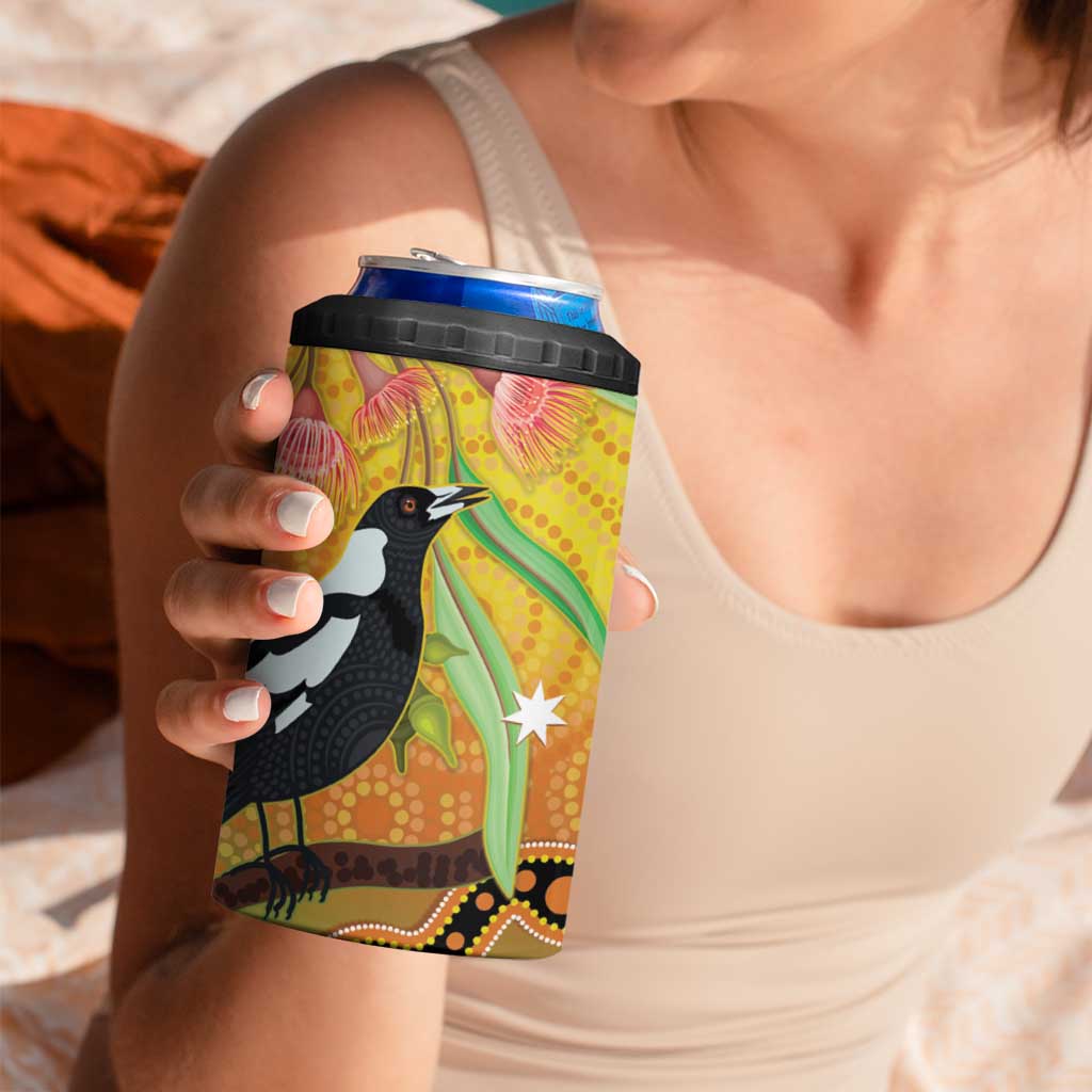 Australia Eucalyptus Flower And Magpie 4 in 1 Can Cooler Tumbler Aboriginal Art