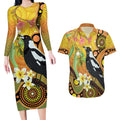 Australia Eucalyptus Flower And Magpie Couples Matching Long Sleeve Bodycon Dress and Hawaiian Shirt Aboriginal Art