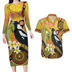 Australia Eucalyptus Flower And Magpie Couples Matching Long Sleeve Bodycon Dress and Hawaiian Shirt Aboriginal Art