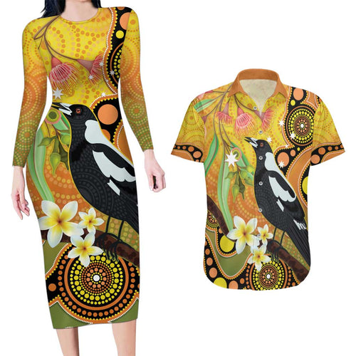 Australia Eucalyptus Flower And Magpie Couples Matching Long Sleeve Bodycon Dress and Hawaiian Shirt Aboriginal Art