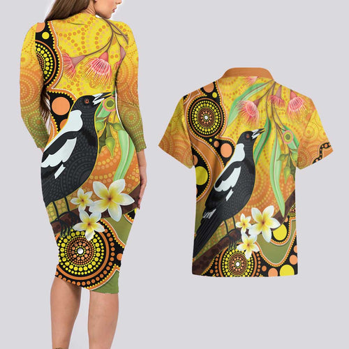 Australia Eucalyptus Flower And Magpie Couples Matching Long Sleeve Bodycon Dress and Hawaiian Shirt Aboriginal Art