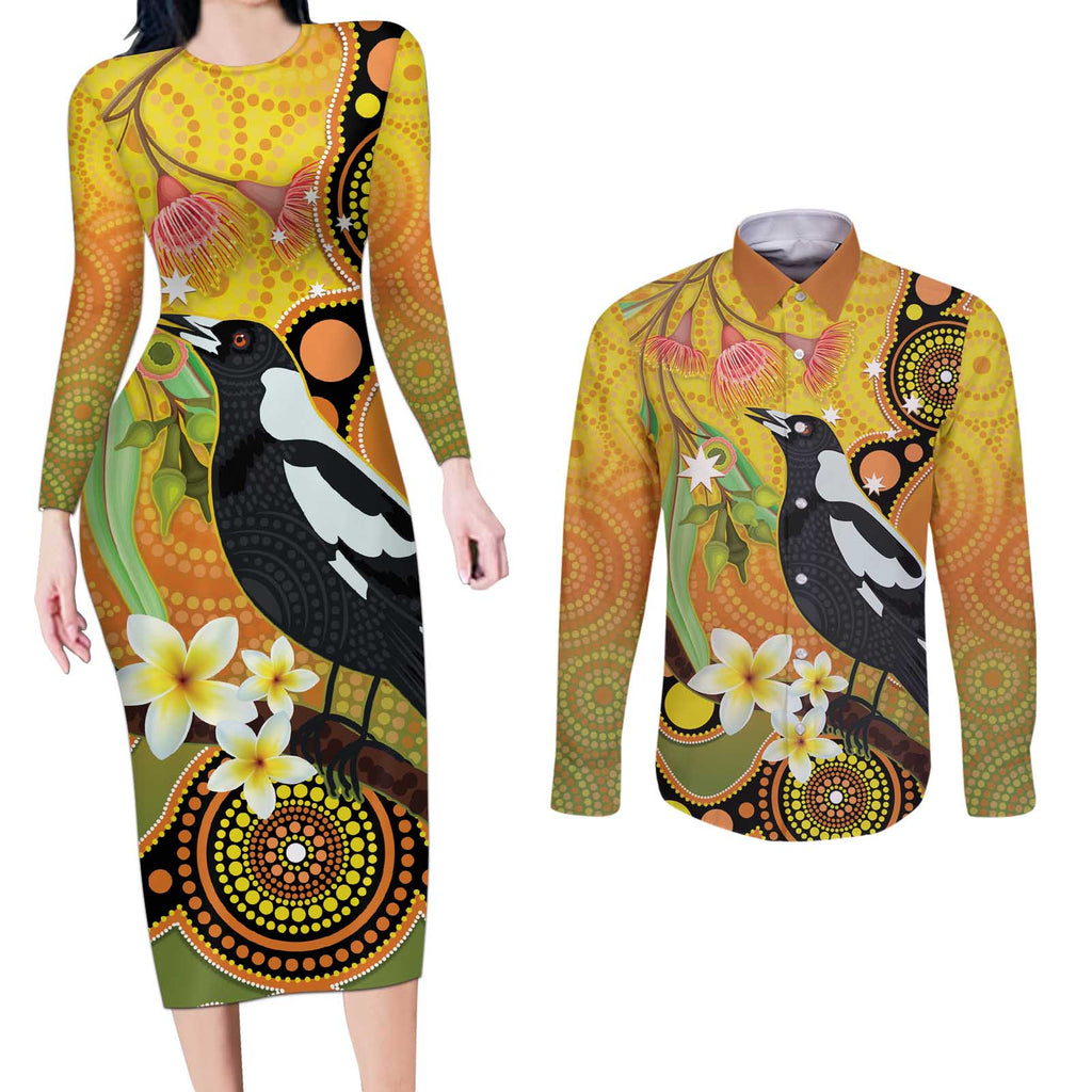 Australia Eucalyptus Flower And Magpie Couples Matching Long Sleeve Bodycon Dress and Long Sleeve Button Shirt Aboriginal Art