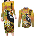 Australia Eucalyptus Flower And Magpie Couples Matching Long Sleeve Bodycon Dress and Long Sleeve Button Shirt Aboriginal Art