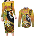 Australia Eucalyptus Flower And Magpie Couples Matching Long Sleeve Bodycon Dress and Long Sleeve Button Shirt Aboriginal Art
