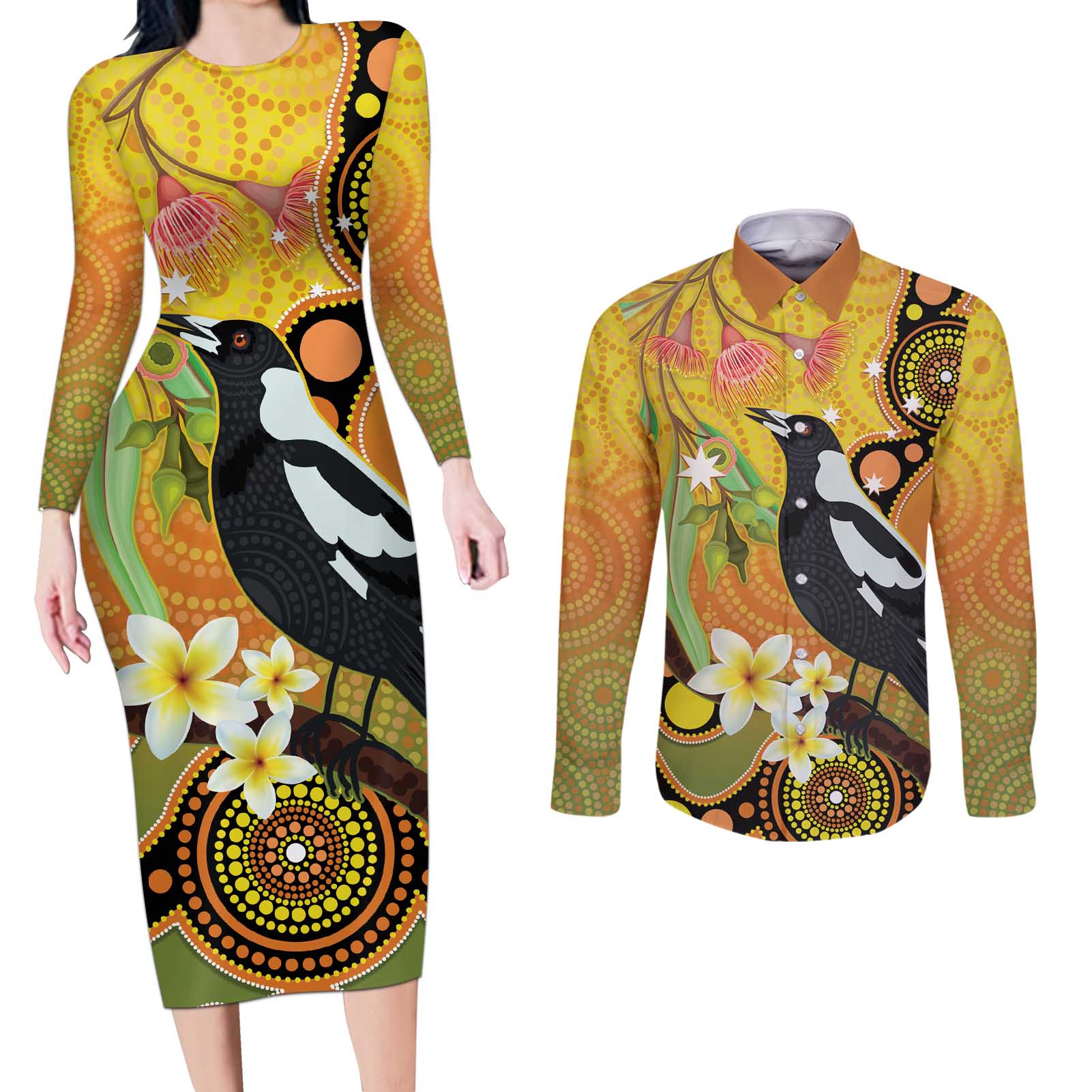 Australia Eucalyptus Flower And Magpie Couples Matching Long Sleeve Bodycon Dress and Long Sleeve Button Shirt Aboriginal Art