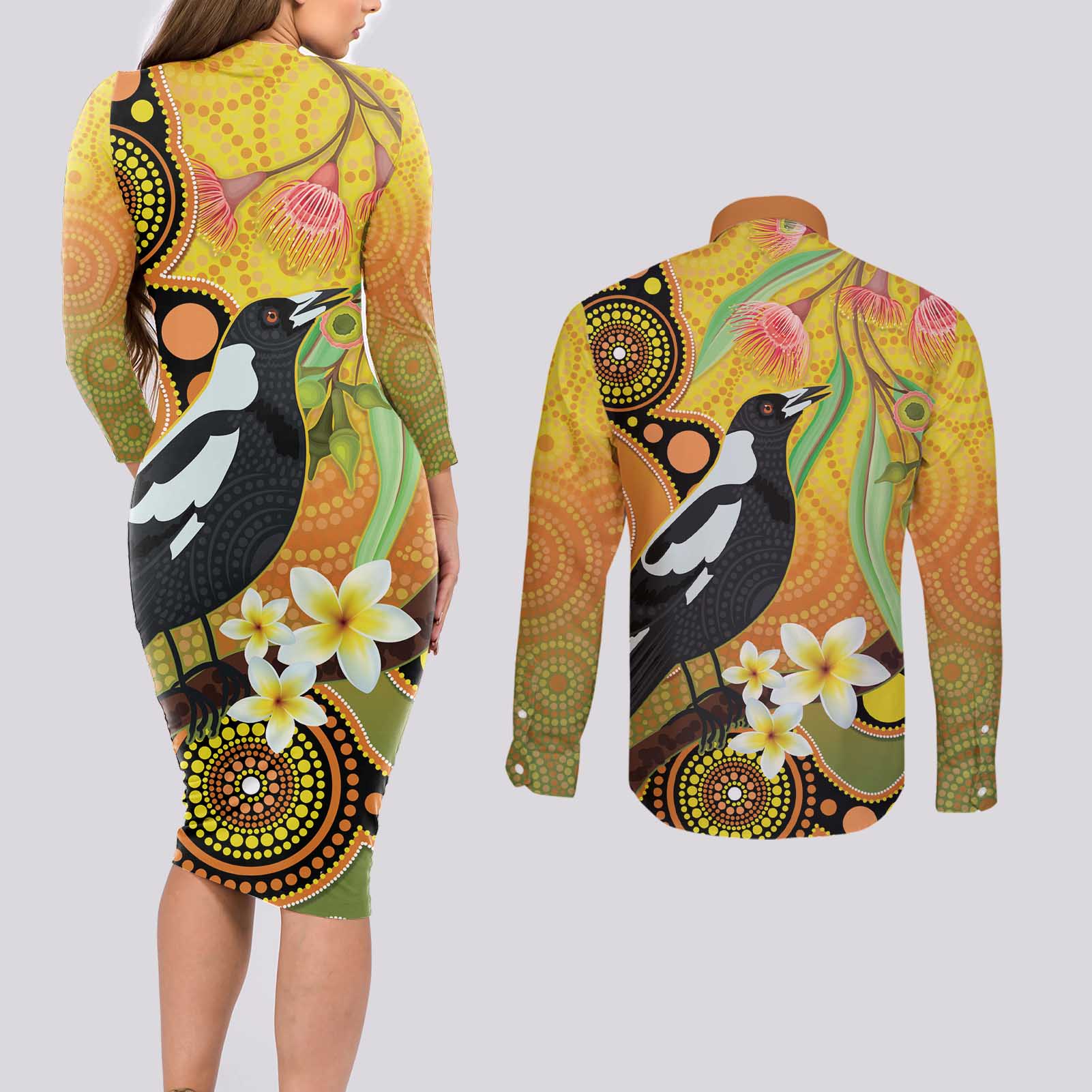 Australia Eucalyptus Flower And Magpie Couples Matching Long Sleeve Bodycon Dress and Long Sleeve Button Shirt Aboriginal Art