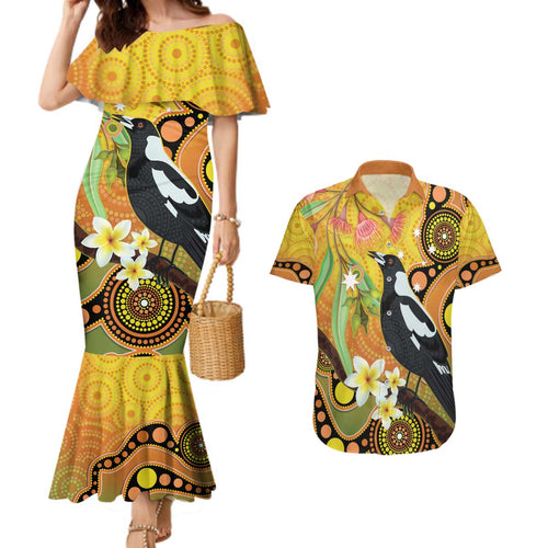 Australia Eucalyptus Flower And Magpie Couples Matching Mermaid Dress and Hawaiian Shirt Aboriginal Art