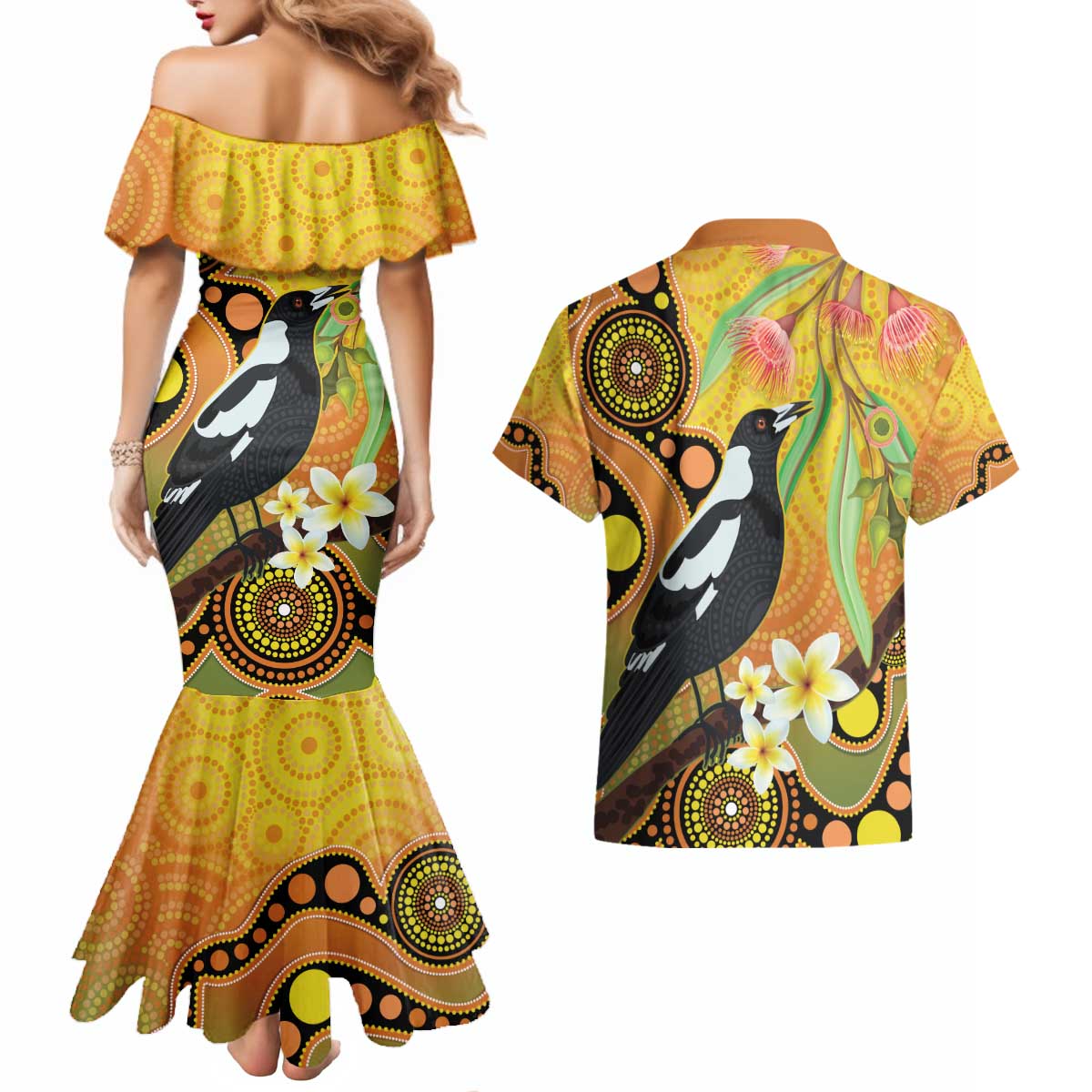 Australia Eucalyptus Flower And Magpie Couples Matching Mermaid Dress and Hawaiian Shirt Aboriginal Art