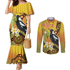 Australia Eucalyptus Flower And Magpie Couples Matching Mermaid Dress and Long Sleeve Button Shirt Aboriginal Art